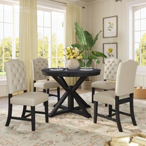 Retro Style Dining Sets Round, Dining Table Set For 4, Extendable Dining Table Set, Dining Set Solid Wood With 4 Upholstered Chairs-Cuddlewood - 1 of 4