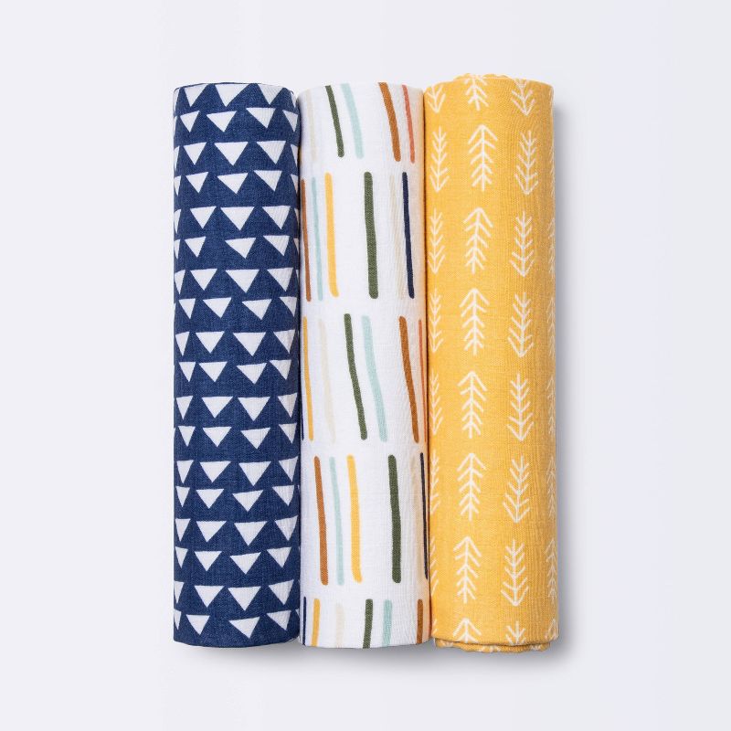 Muslin Swaddle Blankets Primary - Cloud Island&#8482; Navy/Yellow 3pk, 1 of 5