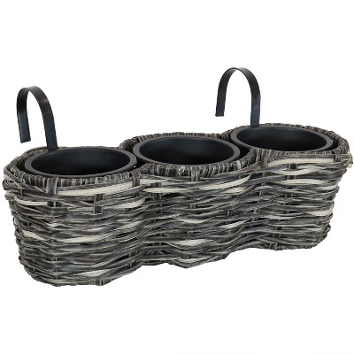 Sunnydaze Indoor/Outdoor Polyrattan Over-the-Rail Tri-Planter with 3 Round Black Plastic Liners - Charcoal