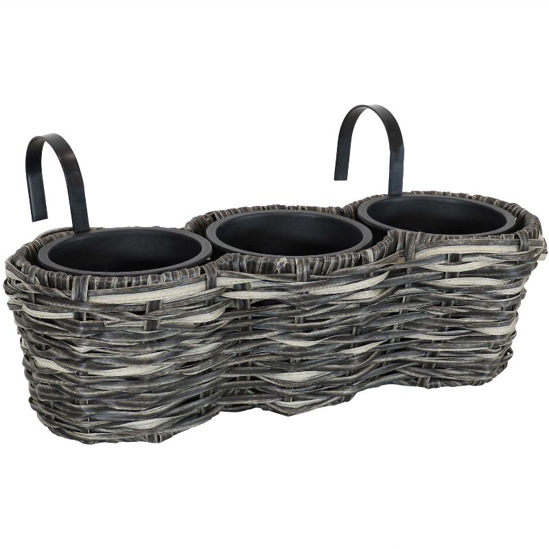 Sunnydaze Indoor/Outdoor Polyrattan Over-the-Rail Tri-Planter with 3 Round Black Plastic Liners, 1 of 10