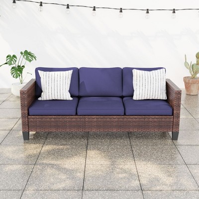 Sonkuki Outdoor Wicker Patio 3-Seat Sofa, PE Rattan Conversation Set With All-Weather Cushions