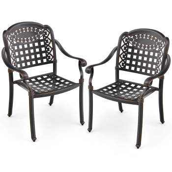 Costway 2pcs Patio Cast Aluminum Armrest Chairs Dining Stackable Outdoor Bronze/White