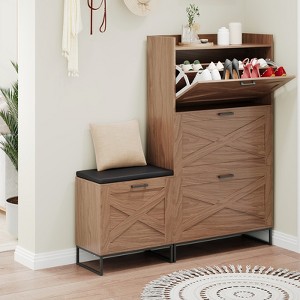 Farmhouse Shoe Cabinet with Bench for Entryway,With 4 Flip Drawers For Entryway, Living Room, Hallway - 1 of 4