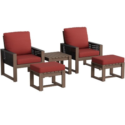 EAGLE PEAK 5 Pieces Natural Cedar Wood Bistro Set, Outdoor Patio Furniture, Small Balcony Conversation Set with Ottomans and Coffee Table