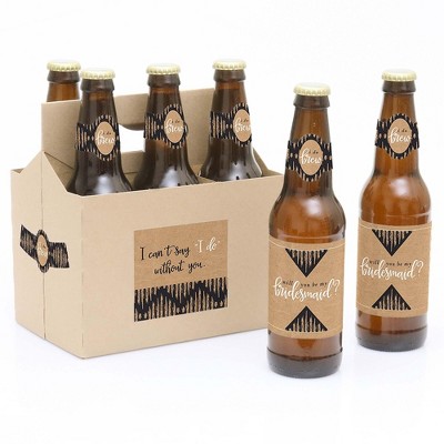 Big Dot of Happiness Rustic Kraft - Will You Be My Bridesmaid Decorations for Women - 6 Beer Bottle Label Stickers and 1 Carrier
