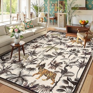 Acekool Washable Tiger Area Rug, Non-Slip Low Pile Botanical Animal Print Carpet for Living Room Bedroom Nursery Office, Soft & Foldable - 1 of 3