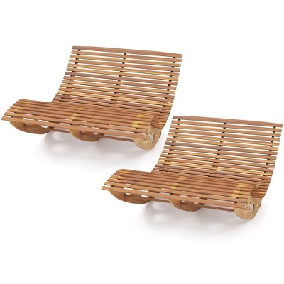 Tangkula 2PCS Outdoor Double Chaise Lounge Chair Acacia Wood Rocking Sunbed with Slatted Backrest and Seat Wooden Loveseat Rocker