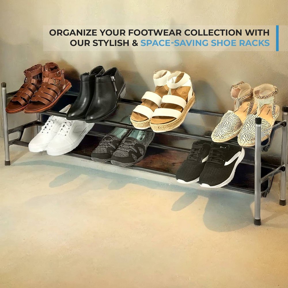USTECH 2 Tier Shoe Rack Silver with Black Rough Bars