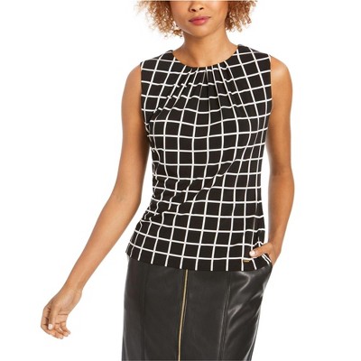 Calvin Klein Womens Pleated Neck Sleeveless Blouse Top