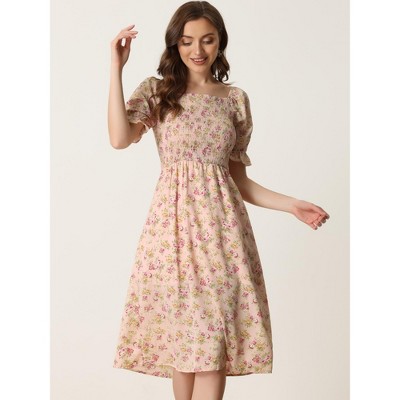 Женские платья INSPIRE CHIC Women's Cottagecore Floral Square Neck Puff Sleeves Summer Midi Smocked Dress Pink Medium — фото 2