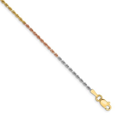 Black Bow Jewelry 1.5mm 14k Tri-Color Gold D/C Solid Rope Chain Anklet or Bracelet