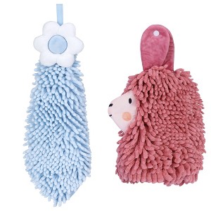 REGALWOVEN Soft Absorbent Flower Pattern and Sheep Pattern Chenille Hand Towel with Loop 6" x 15"/7" x 11" 2 Pcs - 1 of 4