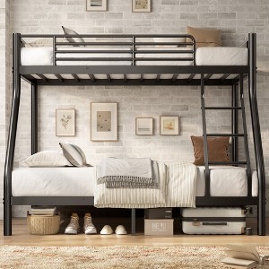 CSBDHome Twin Over Full Metal Bunk Bed Frame with Ladder and Guardrails - Black - 1 of 4
