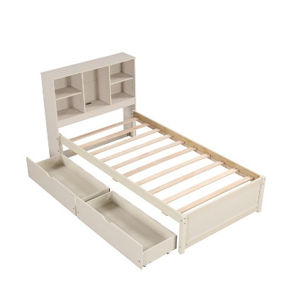 NicBex Twin Size Platform Bed Frame with Built-in USB Ports,Bookcase Headboard and 2 Drawers for Adults/Boys/Girls