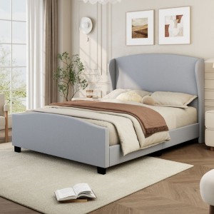 Full Size 51" High Headboard Wingback Linen Upholstered Bed No Box Spring Needed, Gray - 1 of 3