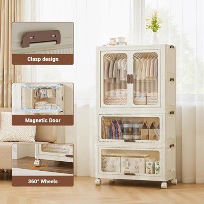 TROPOW 3 Tier Portable Kids Wardrobe Closet with Hanging Rod & Shelves - Foldable Children's Storage Organizer for Clothes, Toys, Books (White)