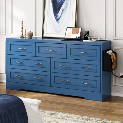 59 inch Farmhouse 7 Drawer Blue Dresser Modern Dresser TV Stand Blue Upgraged for Bedroom