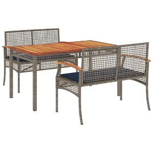 vidaXL Patio Dining Set 3 Piece with Cushions - Gray Poly Rattan, Acacia Wood Table, Outdoor Garden Backyard Furniture - 55.1"x31.5"x29.5" - 1 of 4