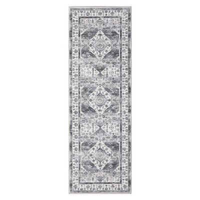 2'x6' Washable Floral Medallion Living Room Rugs, Retro Accent Soft Bedroom Carpet, Non Slip Large Dining Room Rugs for Home Office, Grey