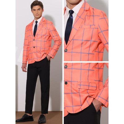 Lars Amadeus Men's Notch Lapel Two Button Contrasting Color Plaid Sports Coat Orange Red Small — фото 4