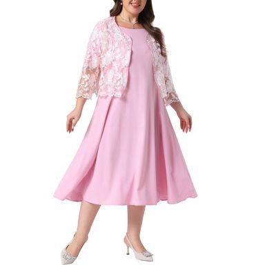 Women's Plus Size Short Sleeve Square Neck 3/4 Sleeve Lace Open Front Shrug Wedding 2 Piece Formal Dress Set