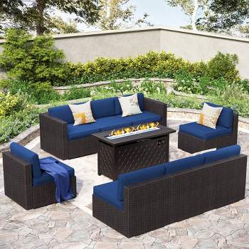 9pc Steel & Wicker Outdoor Fire Pit Set with Cushions Blue - Captiva Designs