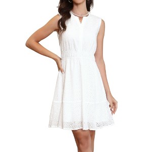 INSPIRE CHIC Women's Summer Sleeveless V Neck Eyelet Hollow Out A Line Mini Dresses - 1 of 4