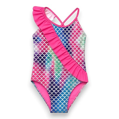XOXO Little Girls' One-Piece Elastic Strap Ruffle Detail Bikini Swimsuit, Pink/Mermaid Print, 5/6