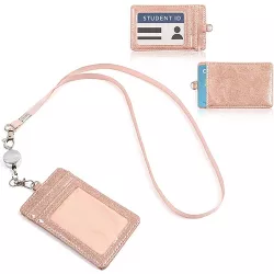 Retractable ID Badge Holder with Lanyard, 2 Card Slots, Rose Gold Glitter PU Leather, 4.9" x 2.75"