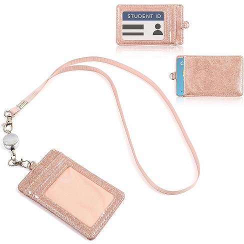Retractable ID Badge Holder with Lanyard, 2 Card Slots, Rose Gold Glitter  PU Leather, 4.9 x 2.75