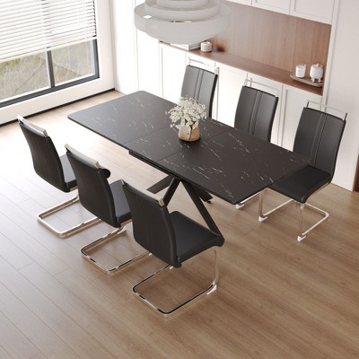 NicBex Dining Table Set for 6 Modern Extendable Dining Room Table with MDF Tabletop, Trestle Base and 6 PU Chairs for Kitchen