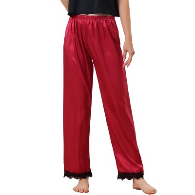 cheibear Women's Satin Elastic Wide-leg Lace Trim Loungewear Long Sleep Pants