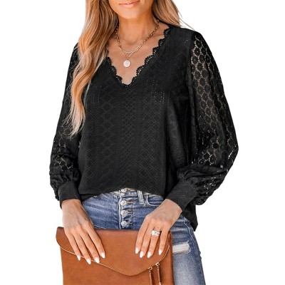 Fashionable V-Neck Lace Hollow Long Sleeve Top Shirt Business Casual Blouse
