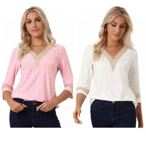 INSPIRE CHIC Women's V Neck Contrast Color Lace Trim Boho Top 2 Packs - 1 of 4