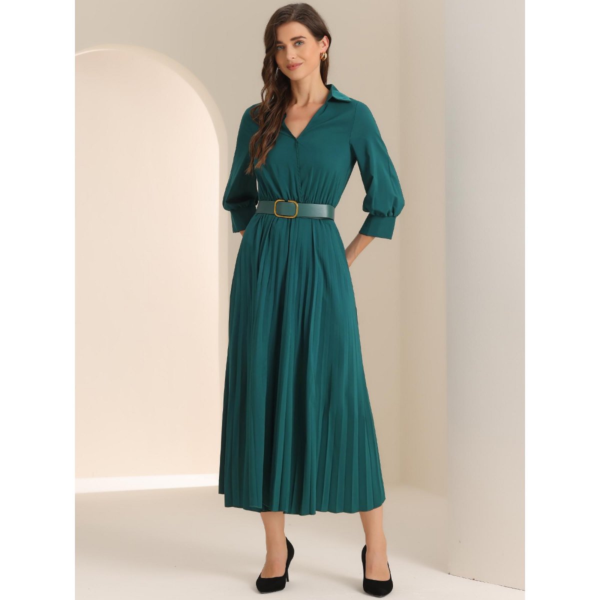 Женские платья INSPIRE CHIC Women's Casual Pleated Collar V Neck Belted Maxi Dresses Dark Green Small — фото 2