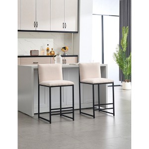 Upholstered Linen Counter Height Bar Stools Set of 2 with Metal Footrest and Frame for Kitchen, Dining Room, or Bar - 1 of 4