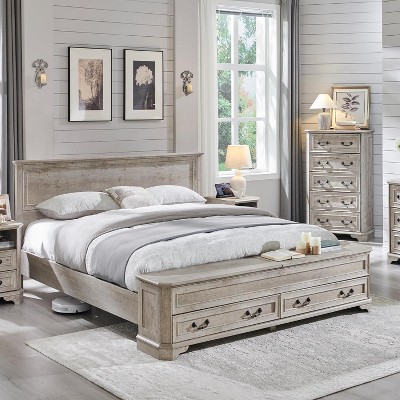 SinCiDo Farmhouse Queen Platform Bed w/Headboard & Storage Bench, Rustic Wood Bed Frame w/64" Storage Chest and 4 Drawers