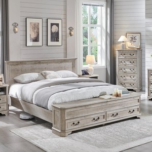 SinCiDo Farmhouse Queen Platform Bed w/Headboard & Storage Bench, Rustic Wood Bed Frame w/64" Storage Chest and 4 Drawers - 1 of 4
