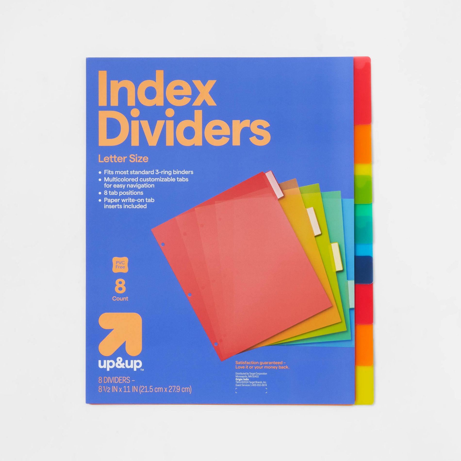 8ct Plastic Letter Index Dividers - up&up™: Multicolor Polypropylene Binder Dividers, 3 Hole Punched, Reusable