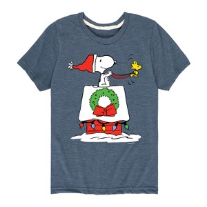 Boys' - Peanuts - Snoopy & Woodstock House Sleigh Short Sleeve Graphic T-Shirt - 1 of 4