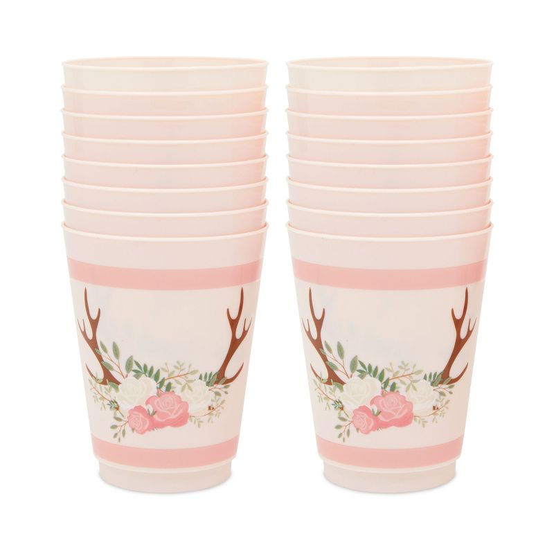 Sparkle and Bash 16 Pack Pink Plastic Floral Tumbler Cups for Oh Deer Girl Baby Shower (16 oz), 5 of 7