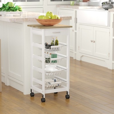 White Wood Kitchen Cart with Storage and Spice Rack