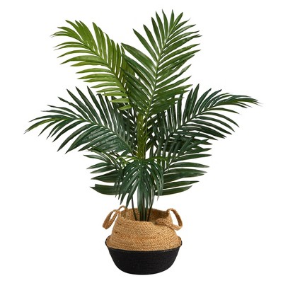 Nearly Natural 4-ft Kentia Palm Artificial Tree in Boho Chic Handmade Cotton & Jute Black Woven Planter