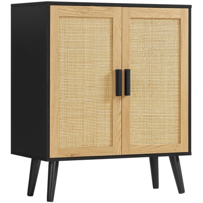 USIKEY Rattan Storage Cabinet with Adjustable Shelf & Doors, Accent Cabinet for Living Room, Dining Room, Entryway, Natural + Black