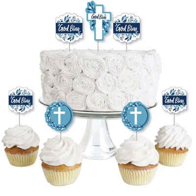 Big Dot of Happiness Blue Elegant Cross - Dessert Cupcake Toppers - Boy Religious Party Clear Treat Picks - Set of 24