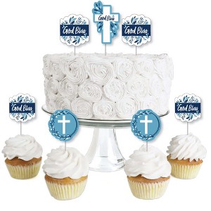 Big Dot of Happiness Blue Elegant Cross - Dessert Cupcake Toppers - Boy Religious Party Clear Treat Picks - Set of 24 - 1 of 4