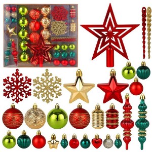 Aoibox 78 Pack Christmas Tree Ornaments Red Green Gold Shatterproof Ball and Star Set Assorted Sizes with Hooks for Holiday Decor - 1 of 4