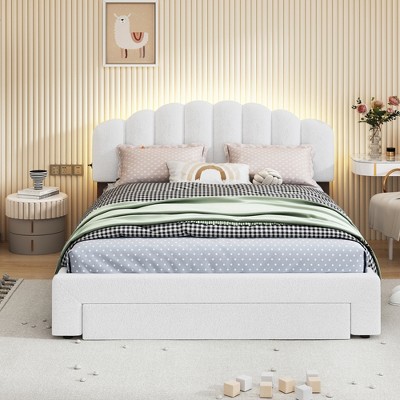 TiramisuBest Queen Upholstered Platform Bed with 2 Drawers & Dual USB Ports, Linen Fabric, Storage & Convenience, Beige