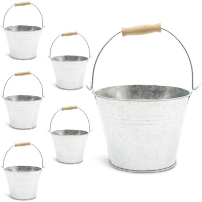 Juvale 6 Pack Galvanized Metal Buckets with Wooden Handles for Decoration (4.5 x 5.75 in)