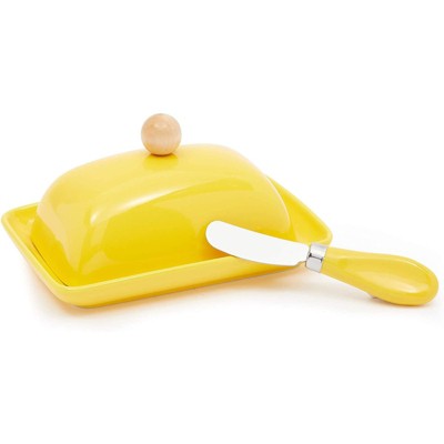 Juvale 2 Piece Set Yellow Ceramic Butter Dish with Lid and Knife